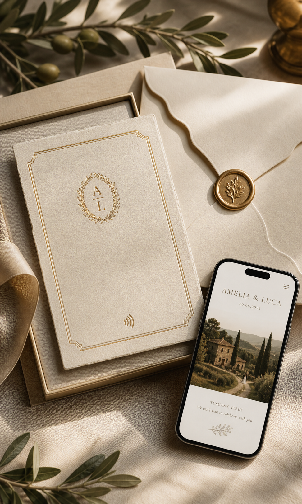 Champagne gold NFC wedding invitation suite