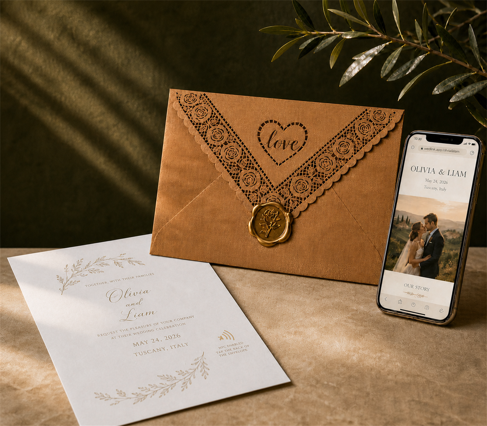 A handcrafted NFC invitation opens a personalized wedding website